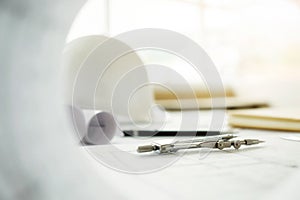 Image of engineering objects on workplace top view.Construction