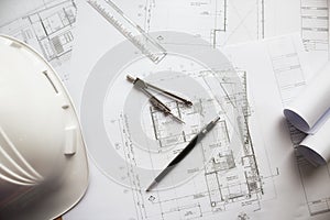 Image of engineering objects on workplace top view.Construction