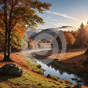 Epic Autumn landscape image of River Brathay in Lake District lookng towards Langdale Pikes with fog across river and