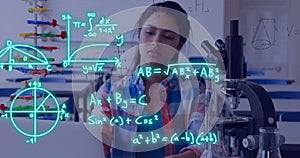 Image of equations and data processing over biracial female student in science lab
