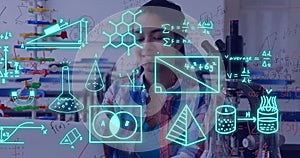Image of equations and data processing over biracial female student in science lab