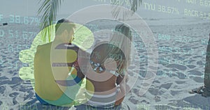 Image of euro sign and financial data processing over couple on beach