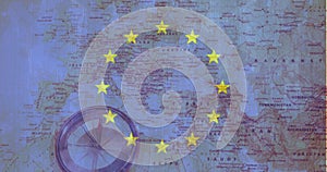 Image of european union flag over map of europe and compass