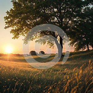 Evening sun above the horizon in green meadow. Sunset in field in June. Sun rays shine through trees and