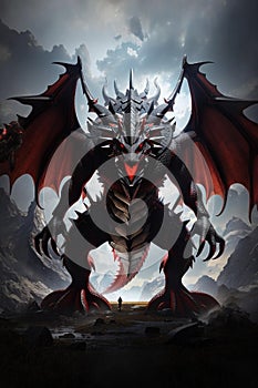 an image of an evil dragon in a mountain landscape with clouds