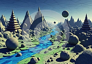 The image evokes a three-dimensional, low-poly digital art style