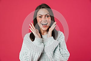 Image of excited beautiful girl expressing surprise on camera