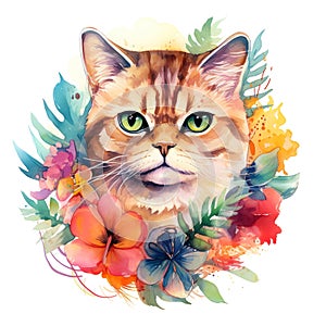 Image of an exotic shorthair cat head with colorful tropical flowers on white background. Pet. Animals