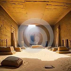 image of explorers inside an ancient Egyptian with various artifacts on the ground and heliographs on the walls