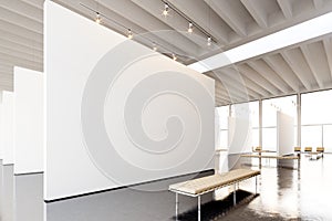 Image exposition modern gallery,open space.Blank white empty canvas hanging contemporary art museum.Interior loft style photo