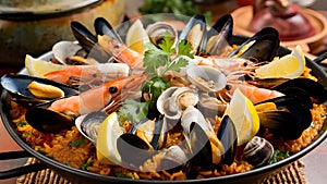 An image of an exquisite seafood paella