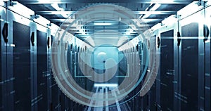 Image of eye icon and digital data processing over computer servers