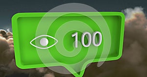 Image of eye icon with numbers on speech bubble over sky and clouds