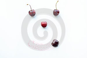 Image of eyes, nose and mouth with sweet cherry on a white surface.