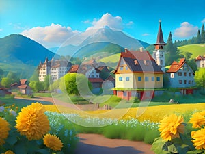 image of a fairy tale village against the beautiful landscape of tree,mountain, field of greenery and flowers.