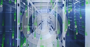 Image of falling binary codes and computer language over server room