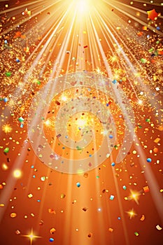 Image of falling confetti and light rays over orange background. Background, lights and movement concept digital generated image