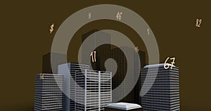 Image of falling numbers over cityscape