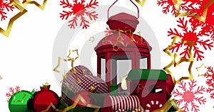 Image of falling red snowflakes and christmas lantern over white background