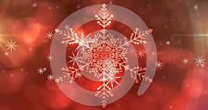 Image of falling snow and christmas snowflake on red bokeh background