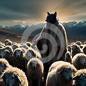 image of false wolf disguises in sheep\'s skin, leading a flock of sheep.