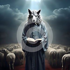 image of false wolf disguises in sheep\'s skin, leading a flock of sheep.