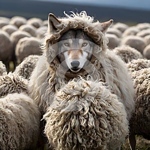 image of false wolf disguises in sheep\'s skin, leading a flock of sheep.