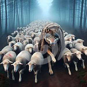 image of false wolf disguises in sheep\'s skin, leading a flock of sheep.