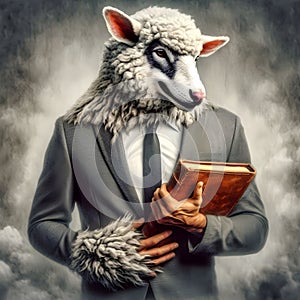 image of false wolf disguises in sheep\'s skin, leading a flock of sheep.