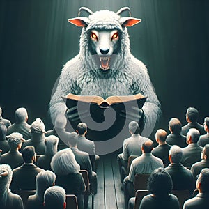 image of false wolf disguises in sheep\'s skin, leading a flock of sheep.