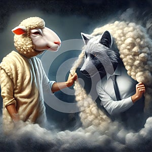 image of false wolf disguises in sheep\'s skin, leading a flock of sheep.