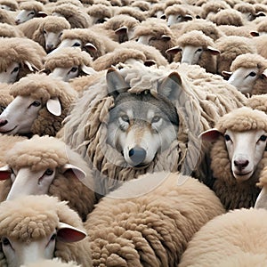 image of false wolf disguises in sheep\'s skin, leading a flock of sheep.