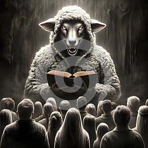 image of false wolf disguises in sheep\'s skin, leading a flock of sheep.