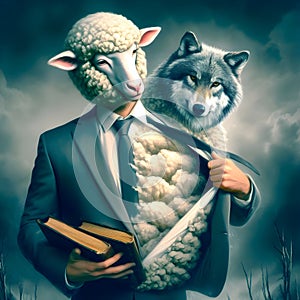 image of false wolf disguises in sheep\'s skin, leading a flock of sheep.