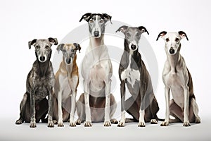 Image of family of greyhounds dog on white background. Pet. Animals. Illustration, Generative AI