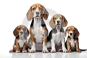 Image of family group of beagle dog on white background. Pet. Animals. Illustration, Generative AI