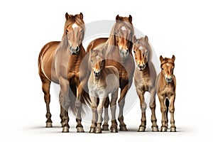 Image of family group of brown horses on white background. Wildlife Animals. Illustration, Generative AI