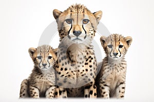 Image of family group of cheetahs on white background. Wildlife Animals. Illustration, Generative AI