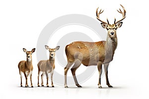 Image of family group of deer on white background. Wildlife Animals. Illustration, Generative AI