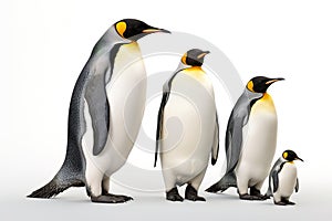 Image of family group of Emperor Penguins on white background. Wildlife Animals. Illustration, Generative AI