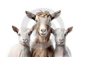 Image of family group of goats on white background. Farm animals. Illustration, Generative AI