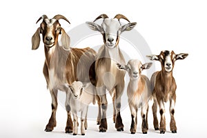 Image of family group of goats on white background. Farm animals. Illustration, Generative AI