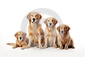 Image of family group of golden retriever dogs on white background. Pet. Animals. Illustration, Generative AI