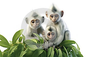 Image of family group of leaf monkey on white background. Wildlife Animals. Illustration, Generative AI
