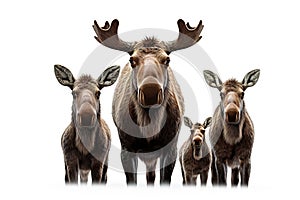 Image of family group of mooses on white background. Wildlife Animals. Illustration, Generative AI