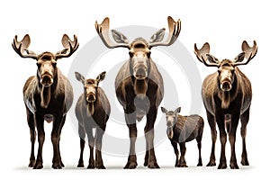 Image of family group of mooses on white background. Wildlife Animals. Illustration, Generative AI photo