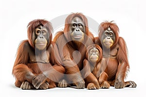 Image of family group of orangutan orange on white background. Wildlife Animals. Illustration, Generative AI