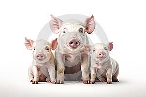 Image of family group of pigs on white background. Farm animals. Illustration, Generative AI