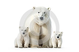 Image of family group of polar bears on white background. Wildlife Animals. Illustration, Generative AI