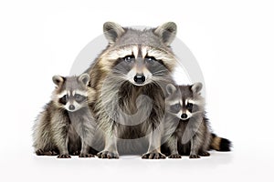 Image of family group of racoons on white background. Wildlife Animals. Illustration, Generative AI